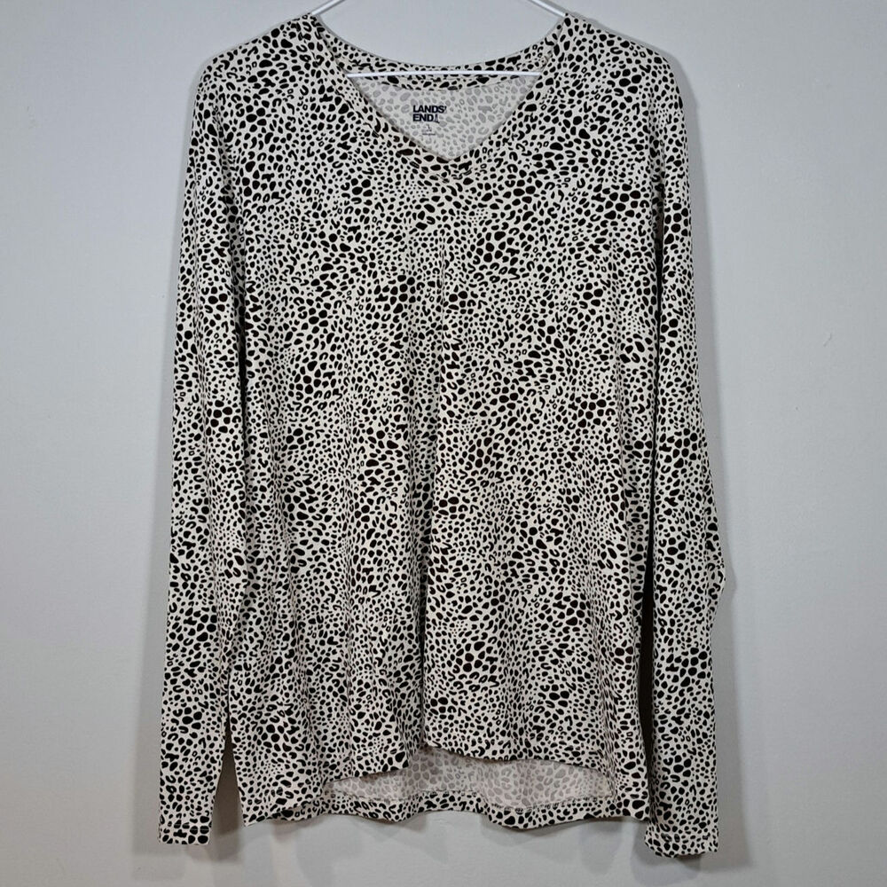 Lands' End Long Sleeve Leopard Print V-Neck 100% Cotton Top Women's L 14-16